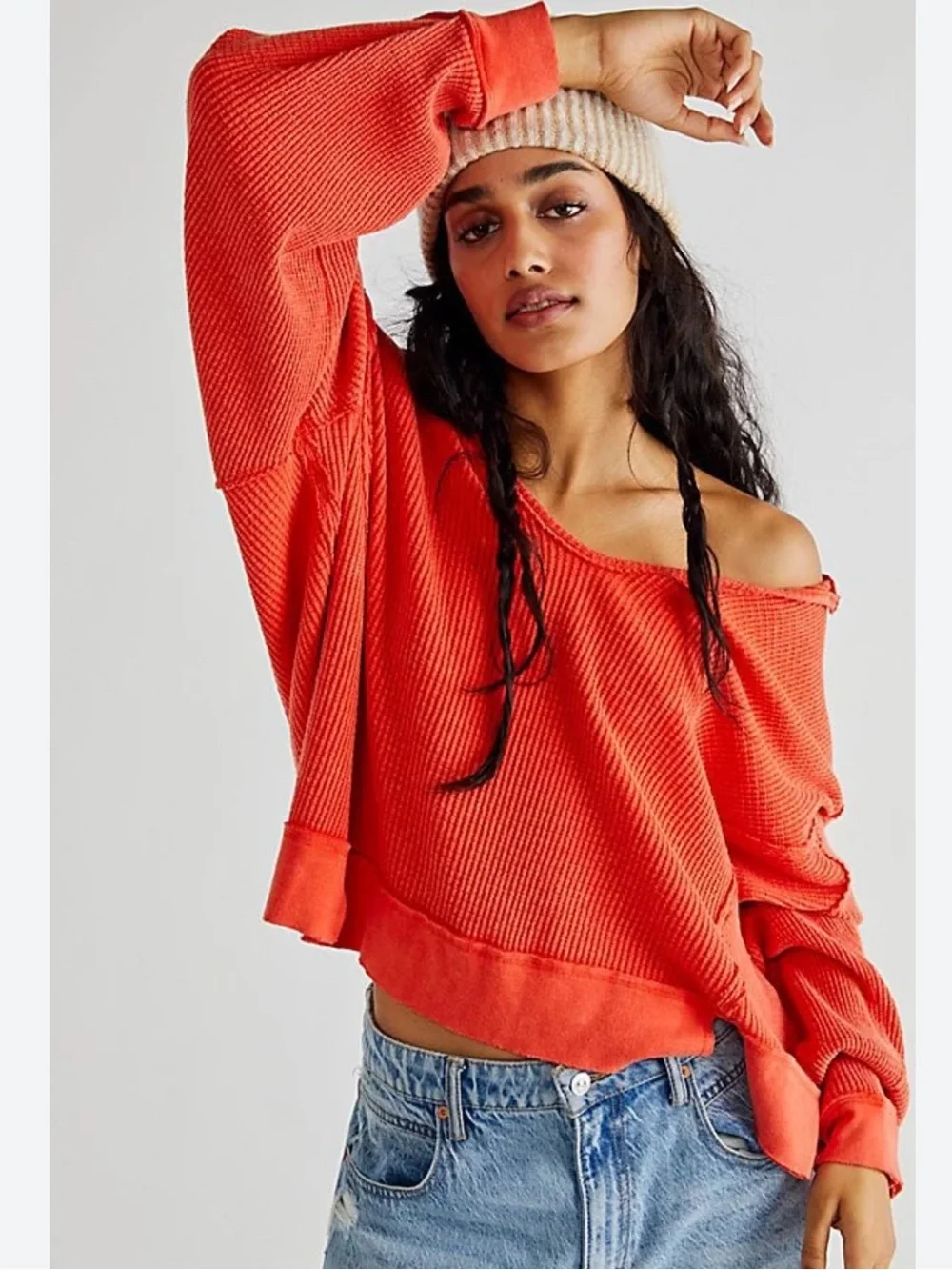 Free People We The Free Buttercup Thermal Oversized Long Sleeve Top XS Persimmon